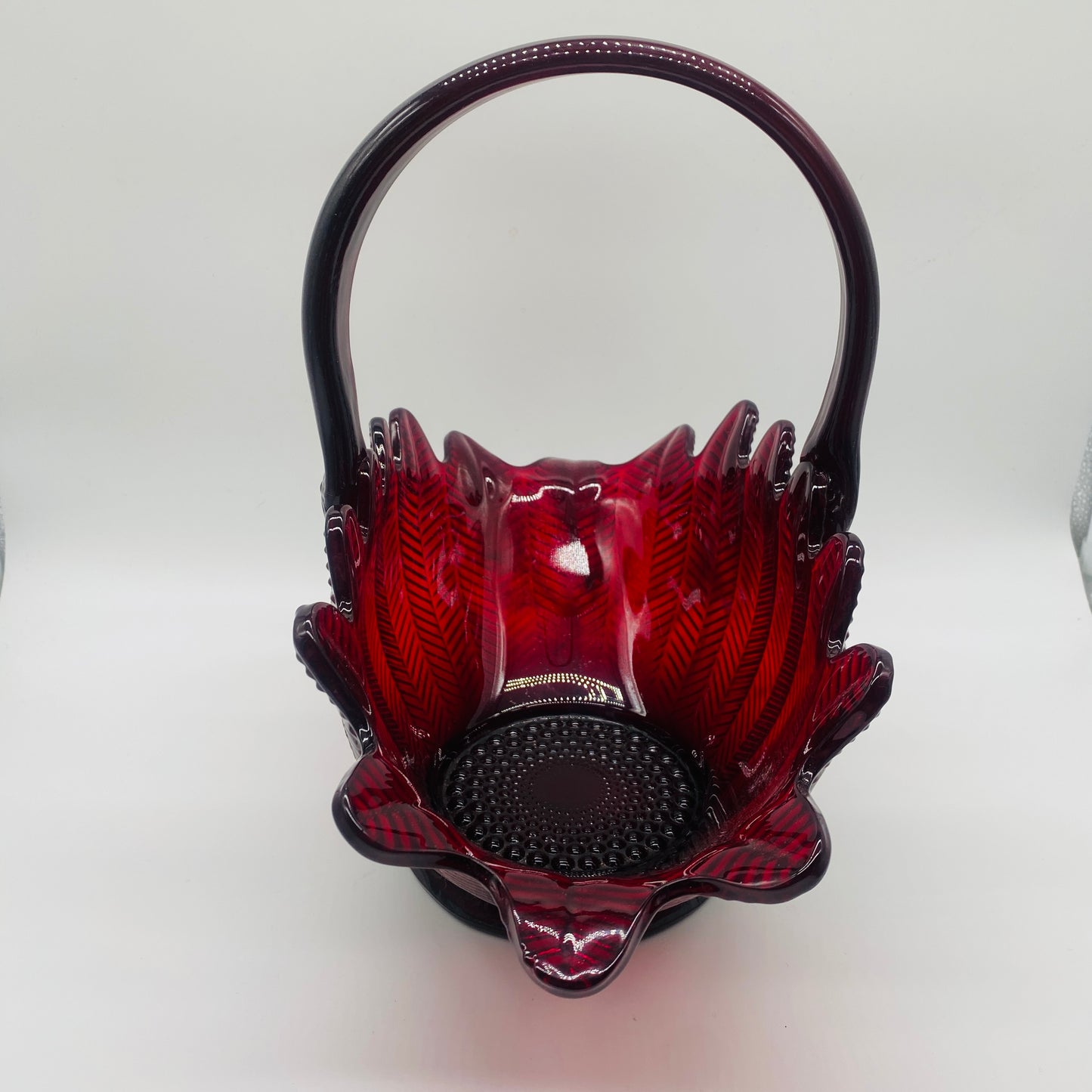 L.E. Smith Ruby Red Feather Glass Basket