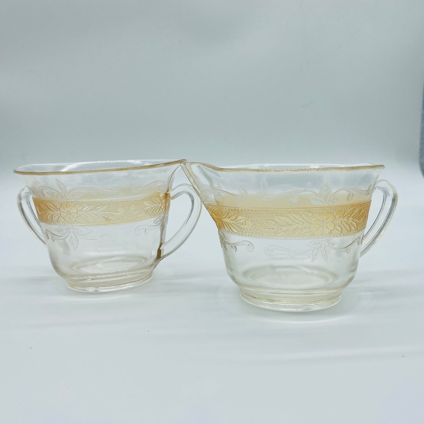 MacBeth-Evans Stippled Rose Band Clear with Amber Creamer and Sugar Dish, Set of 2