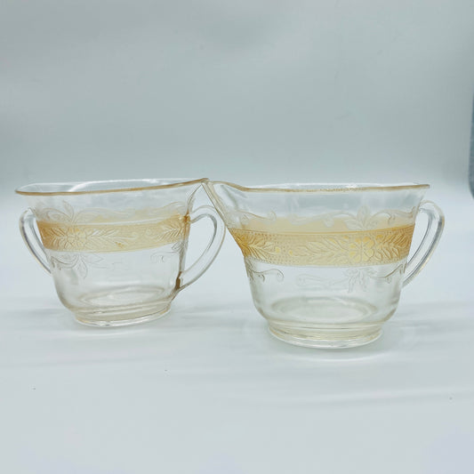 MacBeth-Evans Stippled Rose Band Clear with Amber Creamer and Sugar Dish, Set of 2