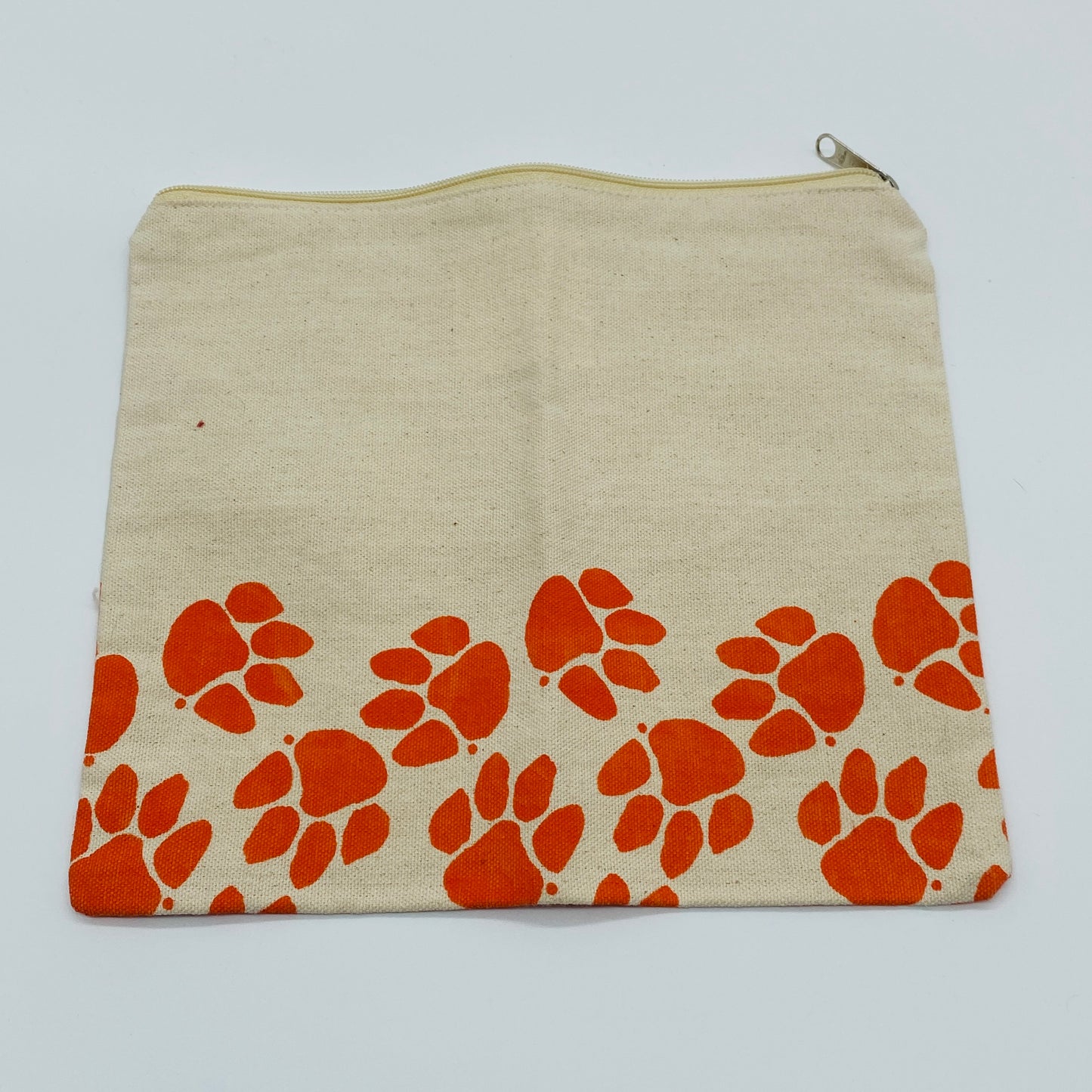 Natural Canvas Zippered Pouch with Orange Paw Prints