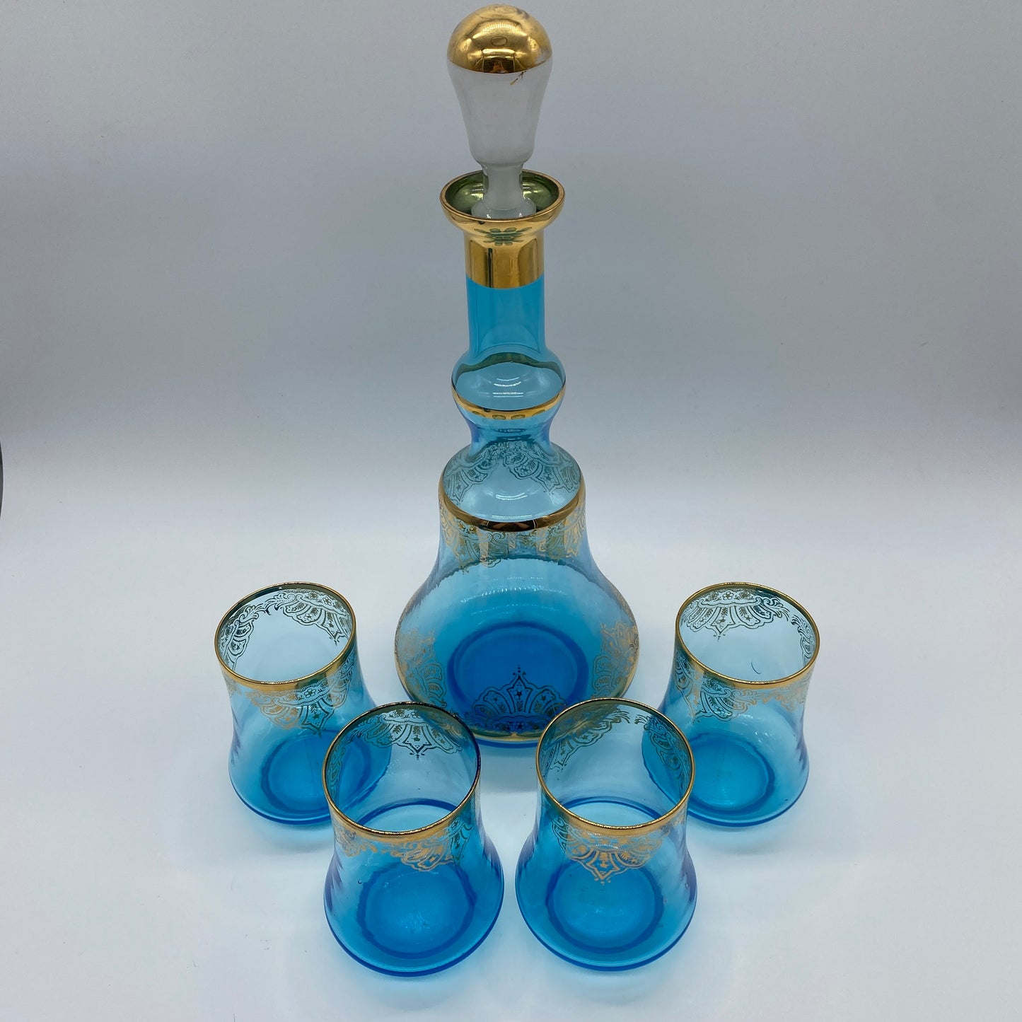 Blue and Gold Decanter Set with 4 Glasses