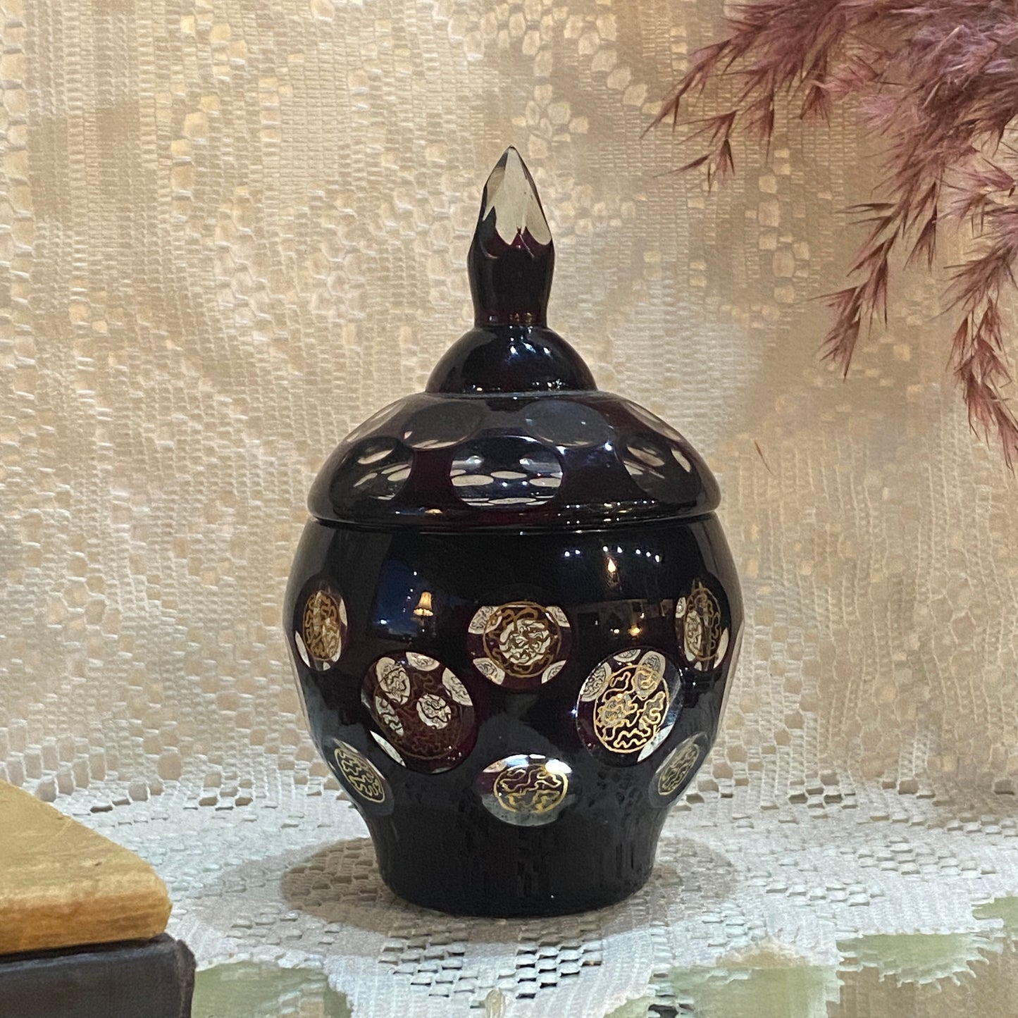 Bohemian Ruby Cut Glass Dish with Lid