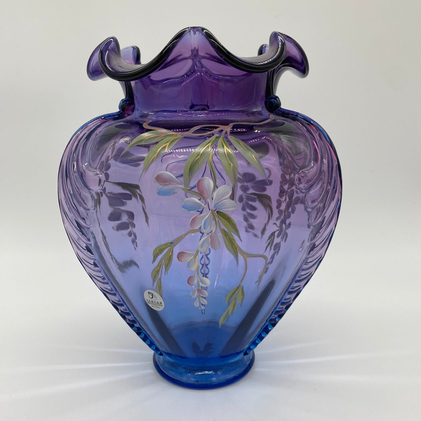 Fenton Mulberry Glass Handpainted and Signed Wisteria Vase - Box and Paperwork