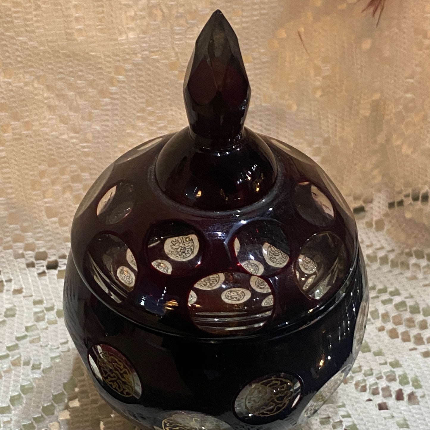 Bohemian Ruby Cut Glass Dish with Lid