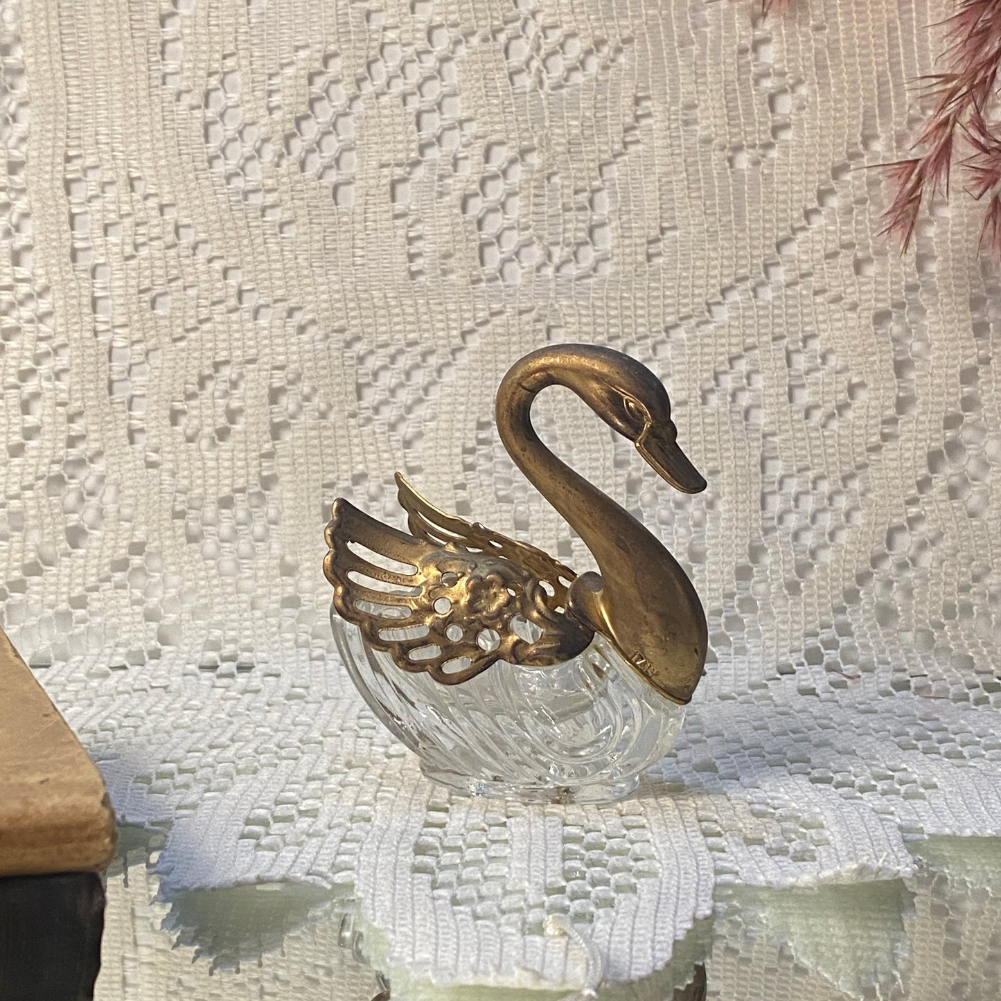 Brass and Glass Swan Salt Cellar