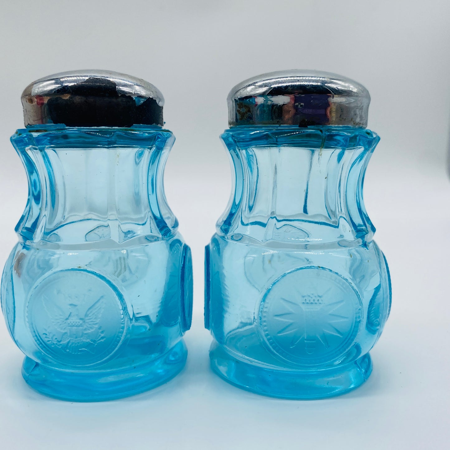 Fostoria Ice Blue Coin Dot Salt and Pepper Shakers