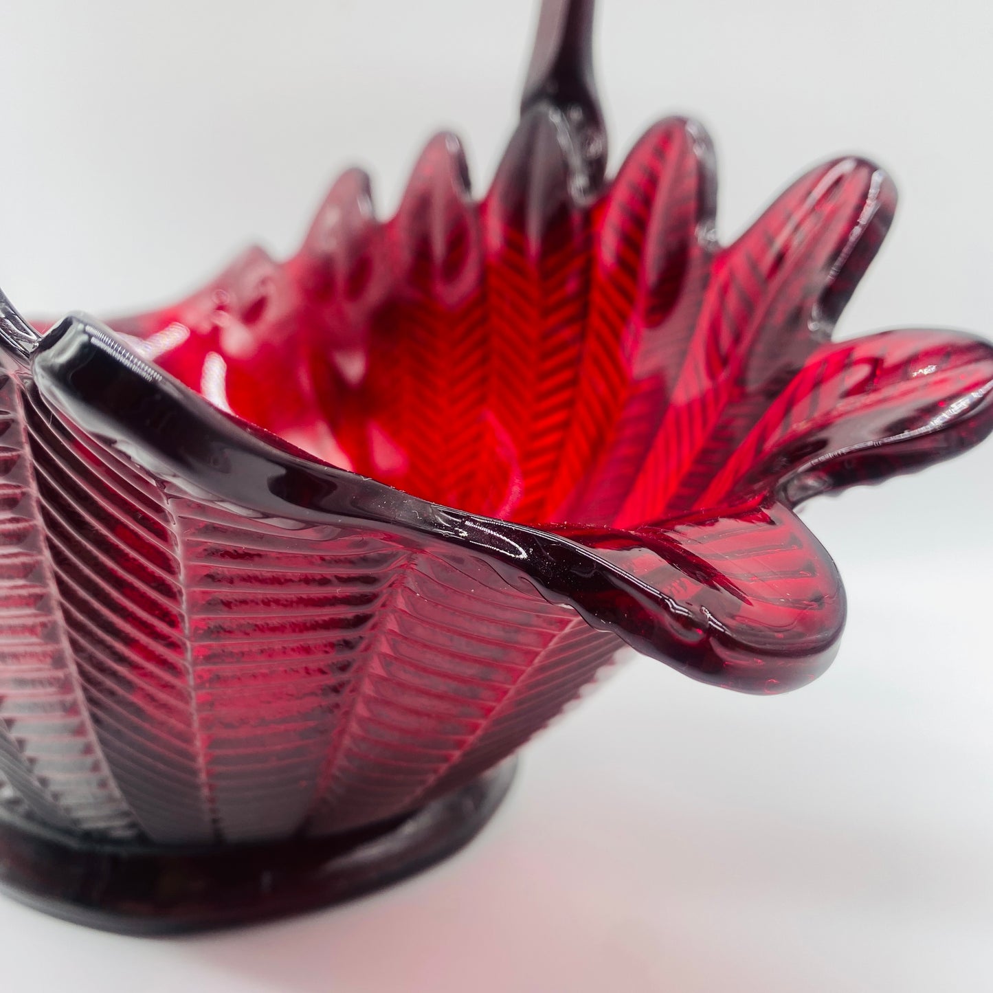 L.E. Smith Ruby Red Feather Glass Basket