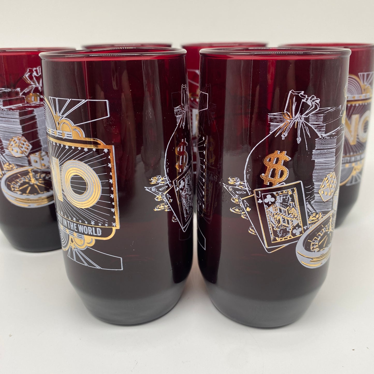 Ruby Red and Gold Reno Casino Drinking Glasses - Set of 6