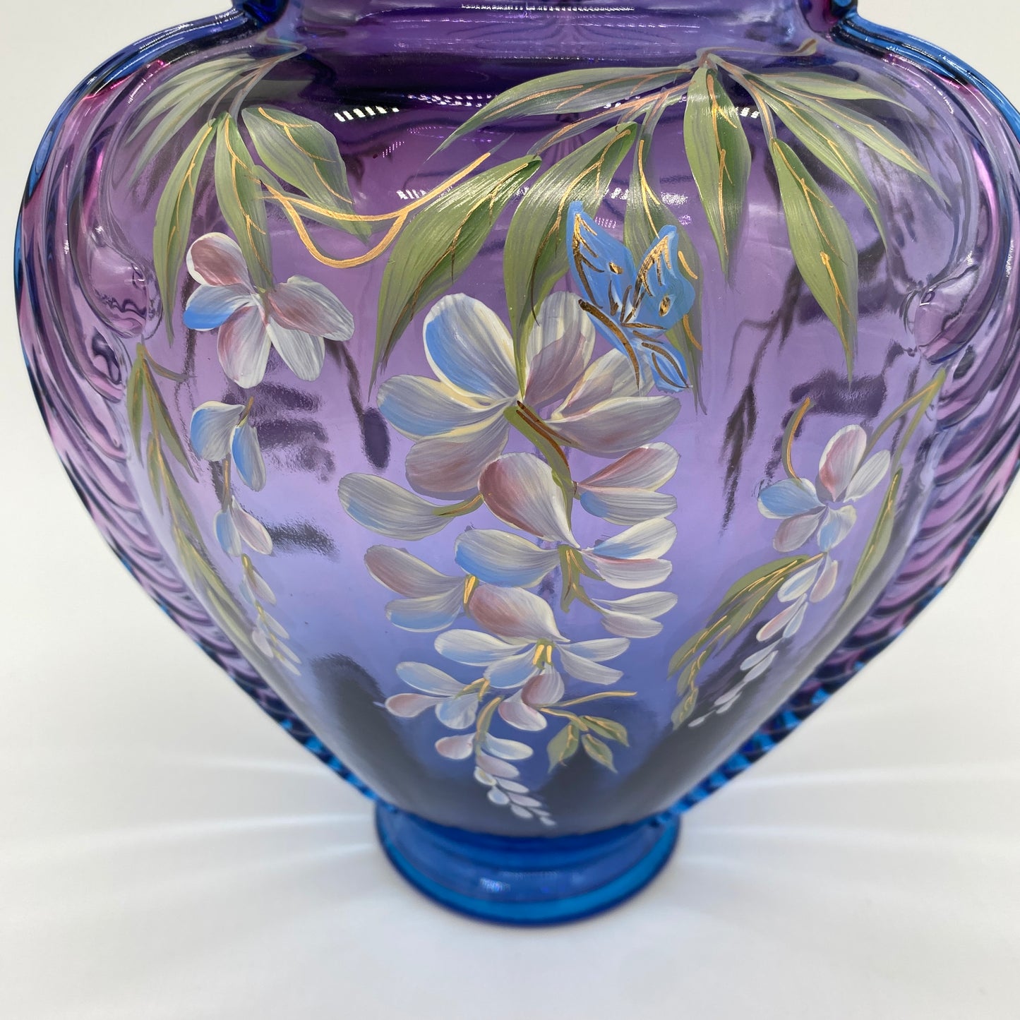 Fenton Mulberry Glass Handpainted and Signed Wisteria Vase - Box and Paperwork