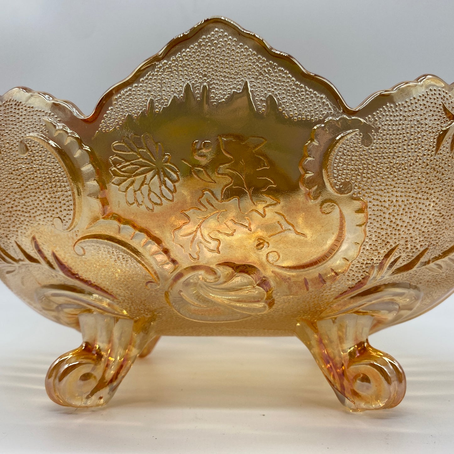 Marigold Carnival Glass Footed Dish