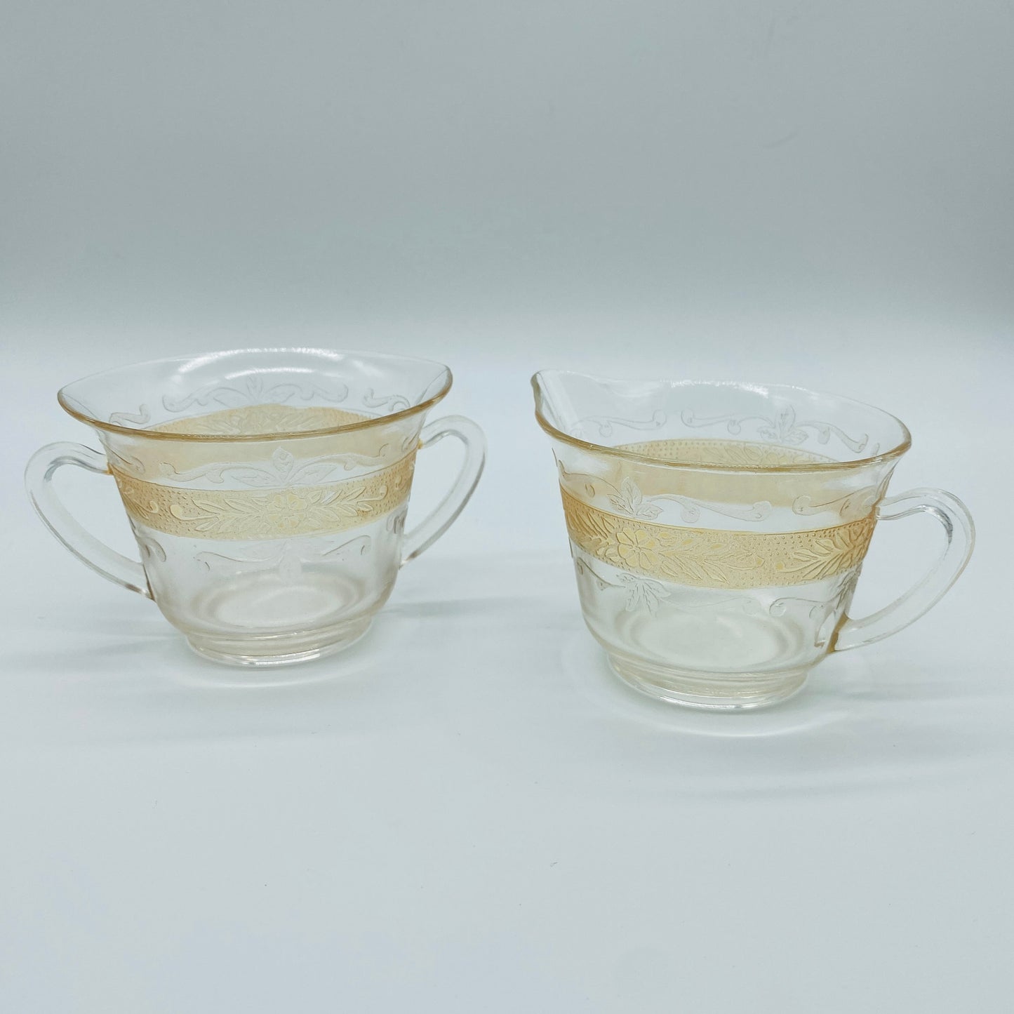 MacBeth-Evans Stippled Rose Band Clear with Amber Creamer and Sugar Dish, Set of 2