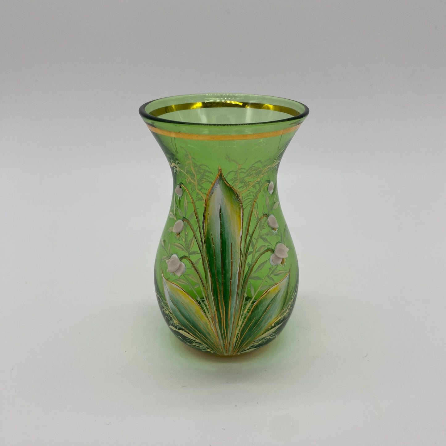 Green and Gilt Hand Painted Enameled Mini Vase