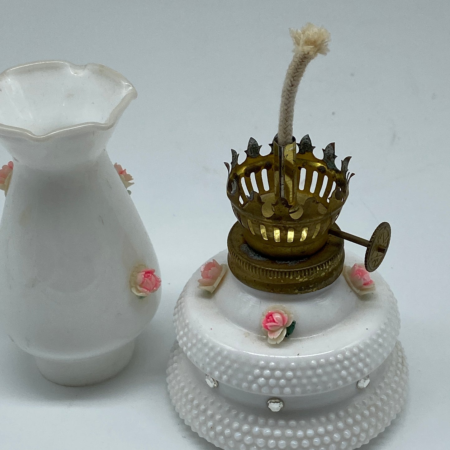 Mini Oil Lamp - Milk Glass with Acrylic Flowers