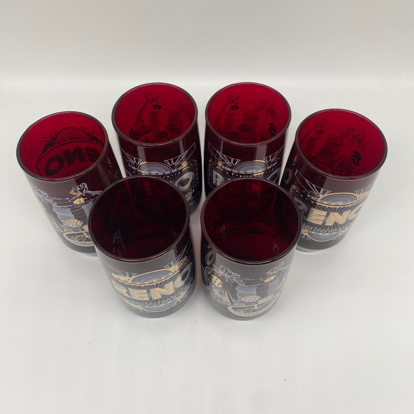 Ruby Red and Gold Reno Casino Drinking Glasses - Set of 6