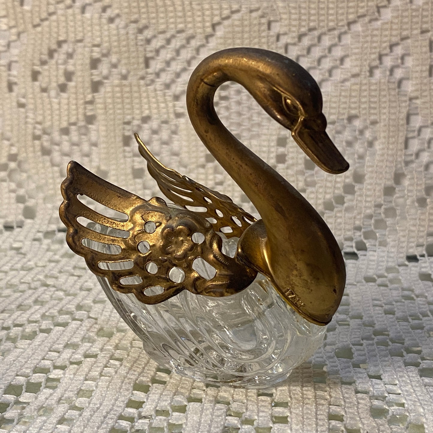 Brass and Glass Swan Salt Cellar