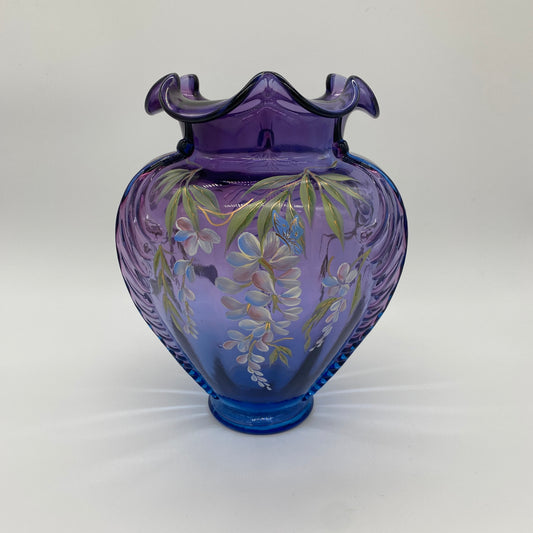 Fenton Mulberry Glass Handpainted and Signed Wisteria Vase - Box and Paperwork