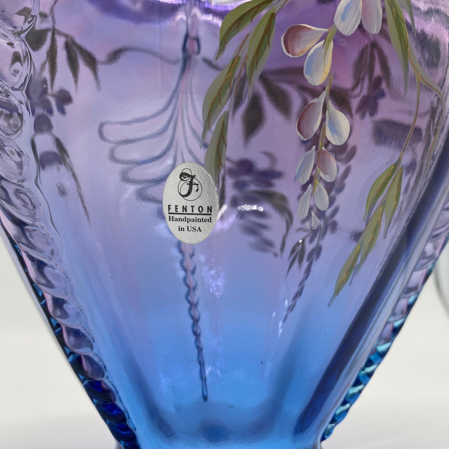 Fenton Mulberry Glass Handpainted and Signed Wisteria Vase - Box and Paperwork