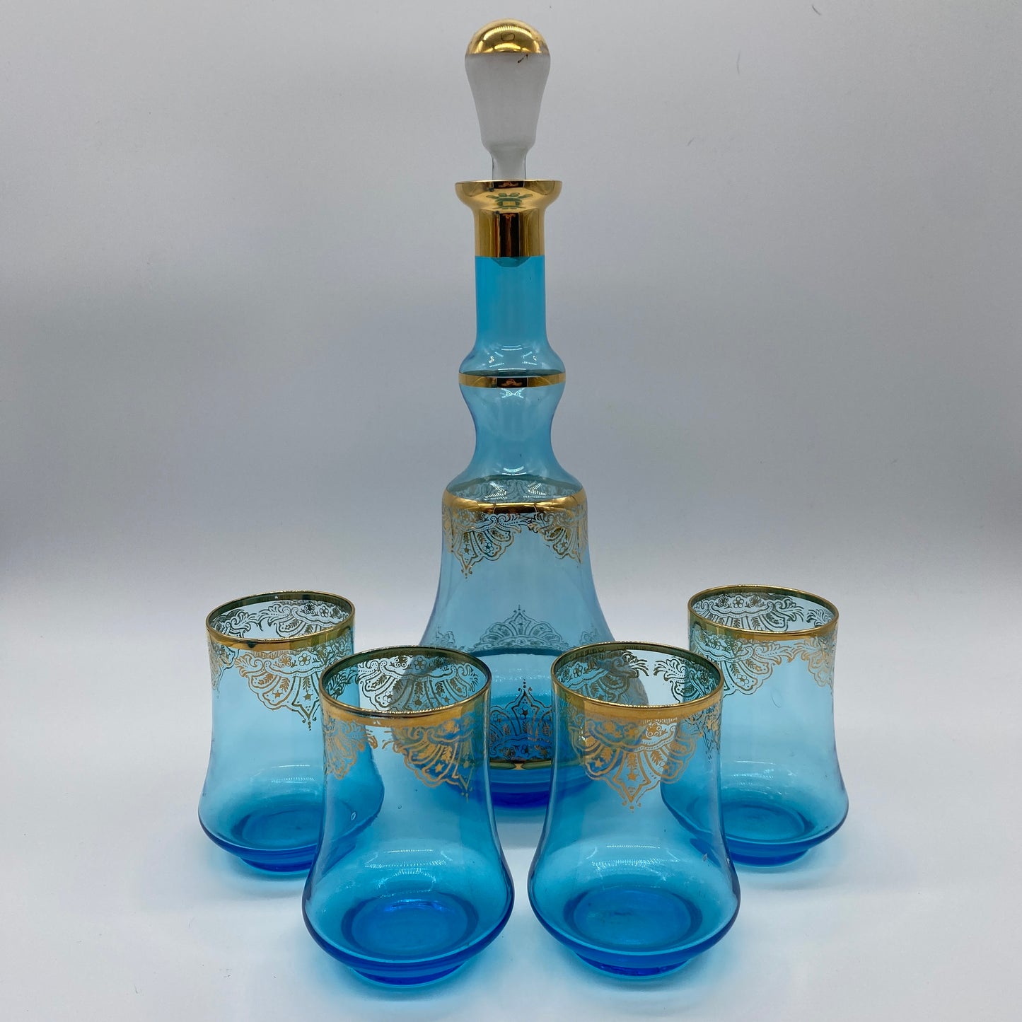 Blue and Gold Decanter Set with 4 Glasses