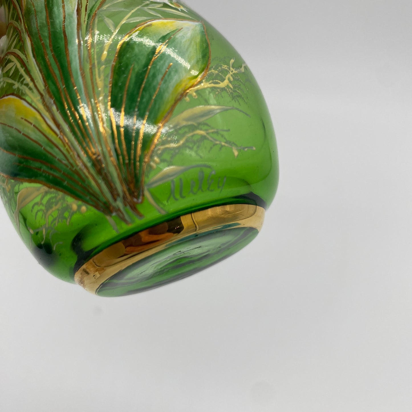 Green and Gilt Hand Painted Enameled Mini Vase