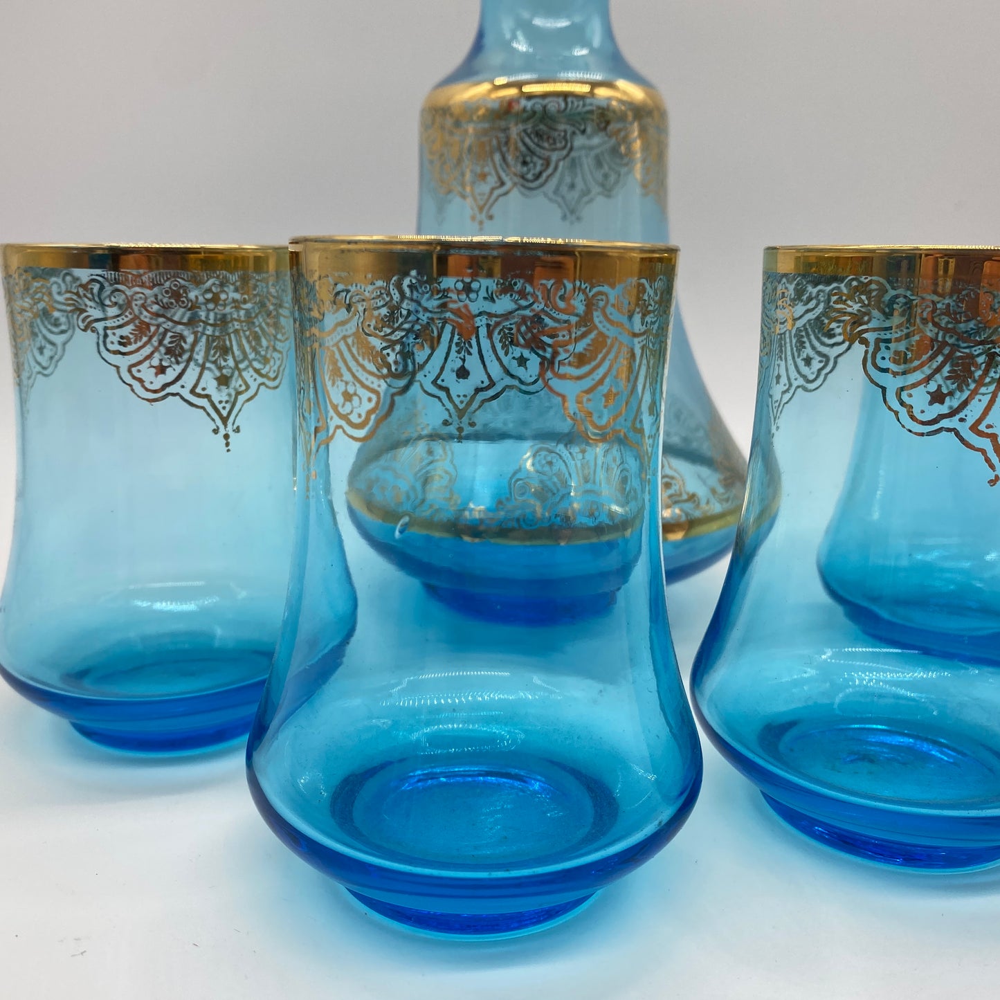 Blue and Gold Decanter Set with 4 Glasses