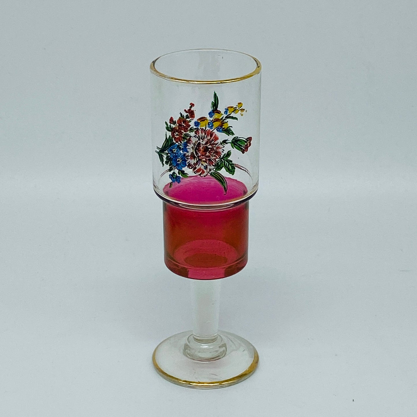 Set of Six Ruby Flash Floral Cordial Glasses