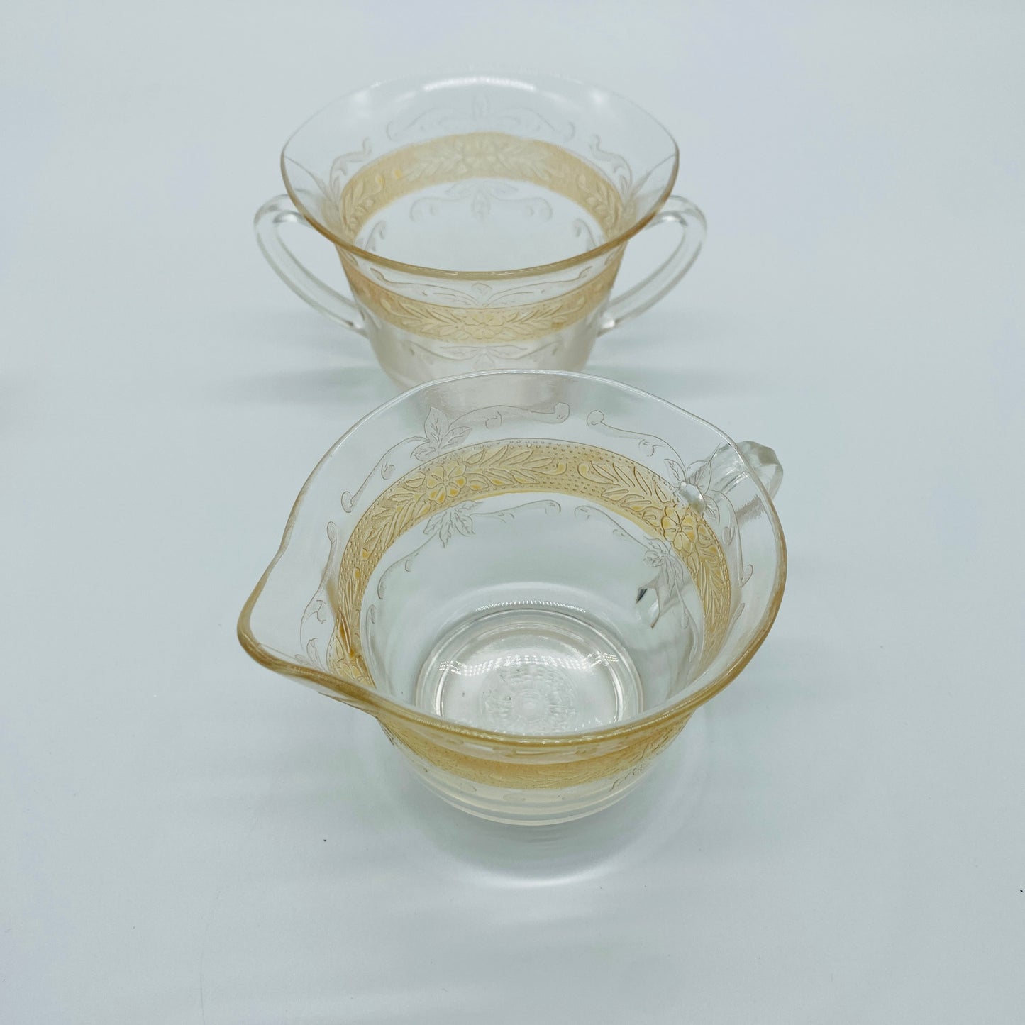 MacBeth-Evans Stippled Rose Band Clear with Amber Creamer and Sugar Dish, Set of 2