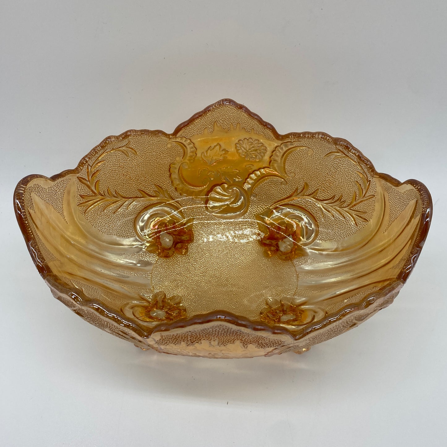 Marigold Carnival Glass Footed Dish