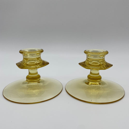 Yellow Glass Candlestick Holders - 2 Pieces