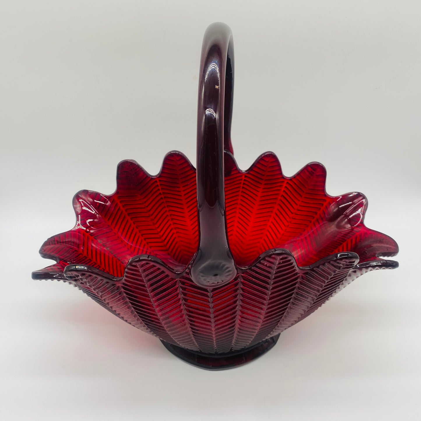 L.E. Smith Ruby Red Feather Glass Basket