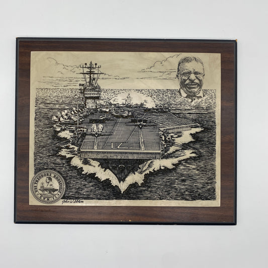 Carved Marble and Wood USS Theodore Roosevelt CVN-71 Plaque