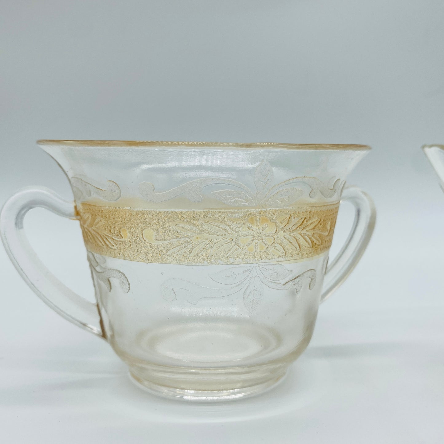 MacBeth-Evans Stippled Rose Band Clear with Amber Creamer and Sugar Dish, Set of 2