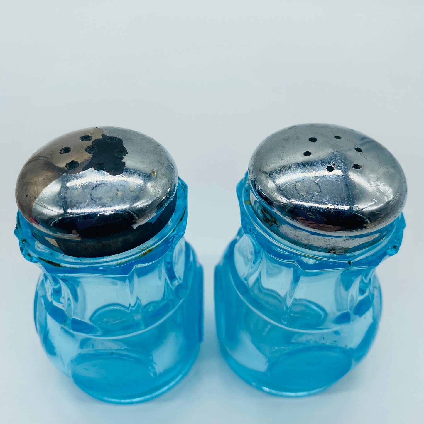 Fostoria Ice Blue Coin Dot Salt and Pepper Shakers