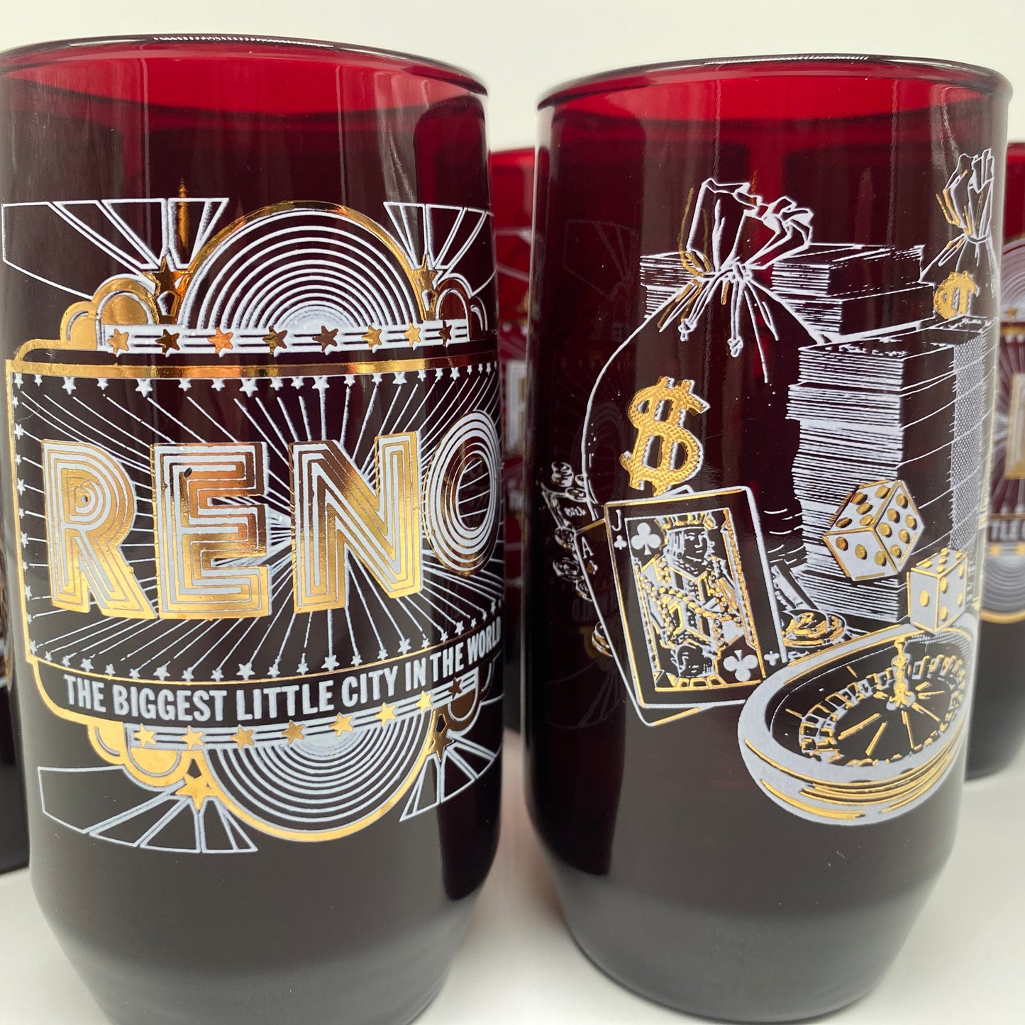 Ruby Red and Gold Reno Casino Drinking Glasses - Set of 6